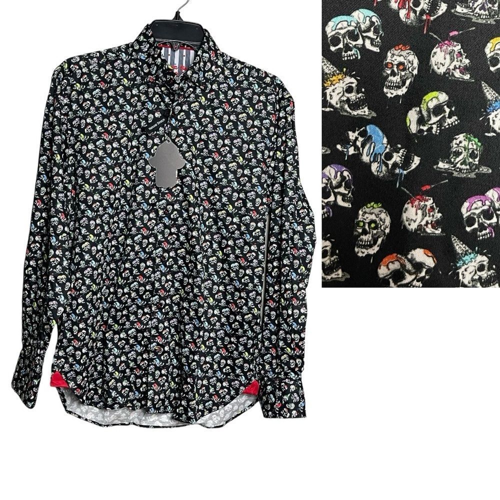 ❤️💗❤️ VISCONTI BLACK Long Sleeve Shirt with Multicolor Skulls NWT